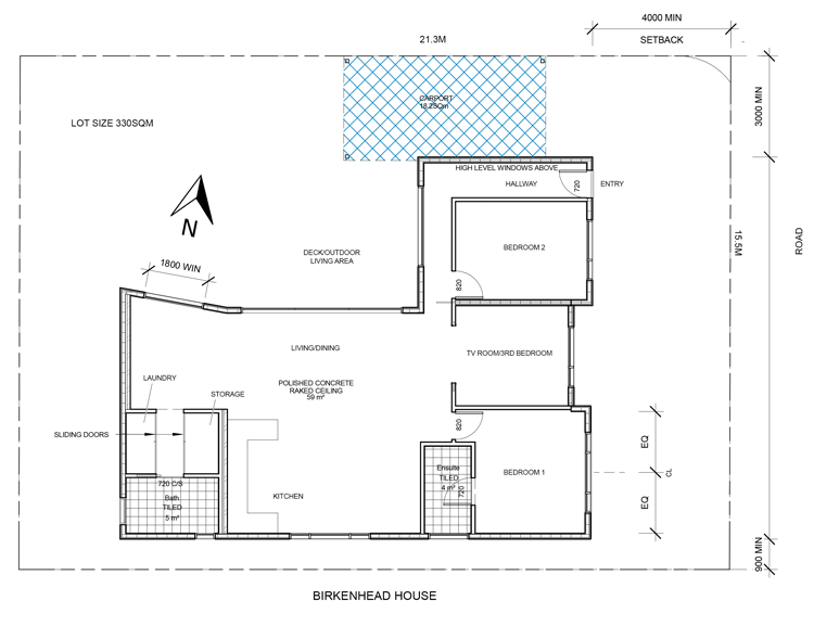 A floor plan showing the layout of the house, two bedrooms, two bathrooms, TV room, laundry and combined living, dining and kitchen area