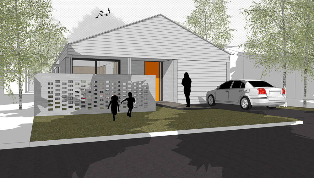 A 3D rendering of the Grevillea house showing a family entering the home